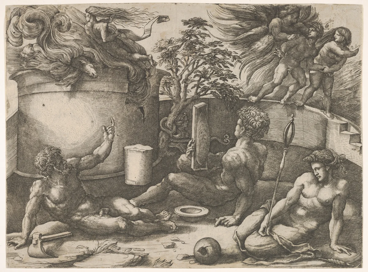 Cain holding a mirror watching his sacrifice engulfed in flames, Adam and Eve seated nearby; in the upper right an angel expelling them from Paradise by Antonio Veneziano, print, 1525-1535
