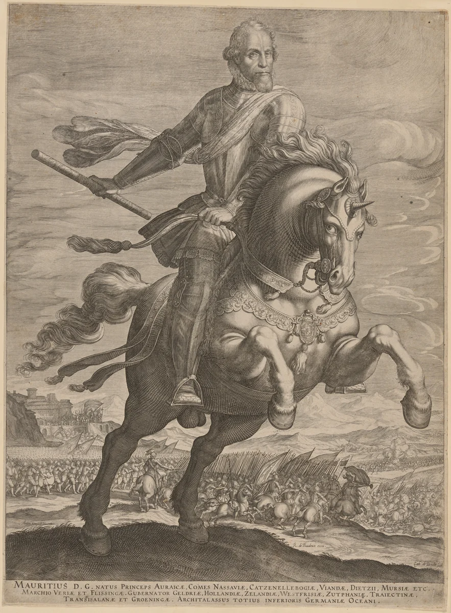 Maurice, Prince of Orange on Horseback by Egbert van Panderen, print, 1581-1637