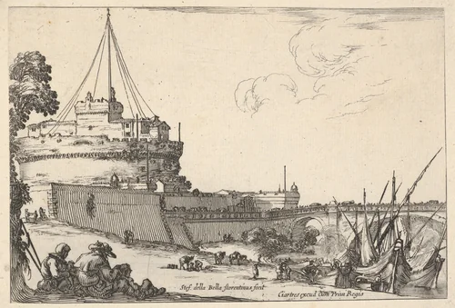 The Castel Sant'Angelo and the Pont Sant'Angelo in Rome, various boats unloading to right, two pilgrims with children seated to left, from "Varie Figure" by Stefano della Bella, print, 1640-1650