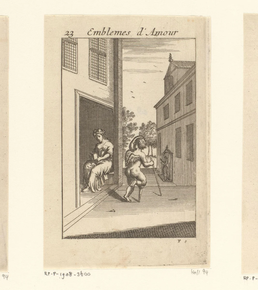 Amor op krukken bij een vrouw by Jan van Vianen, print, 1686