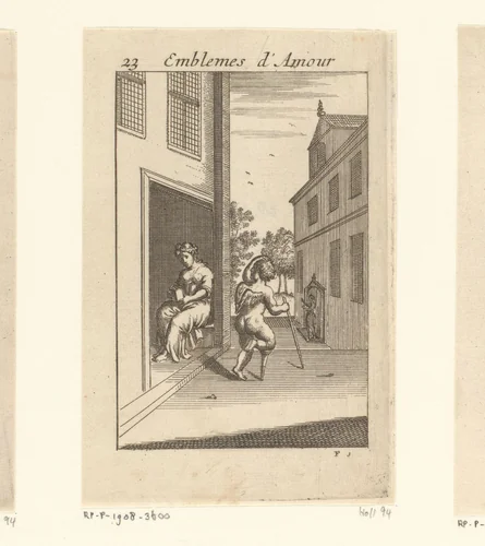 Amor op krukken bij een vrouw by Jan van Vianen, print, 1686