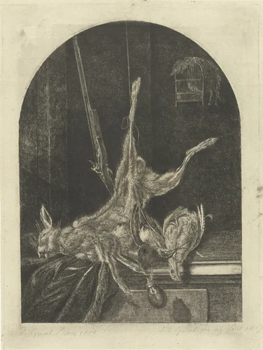 Stilleven met dode haas by Jacobus Cornelis Gaal, print, 1857