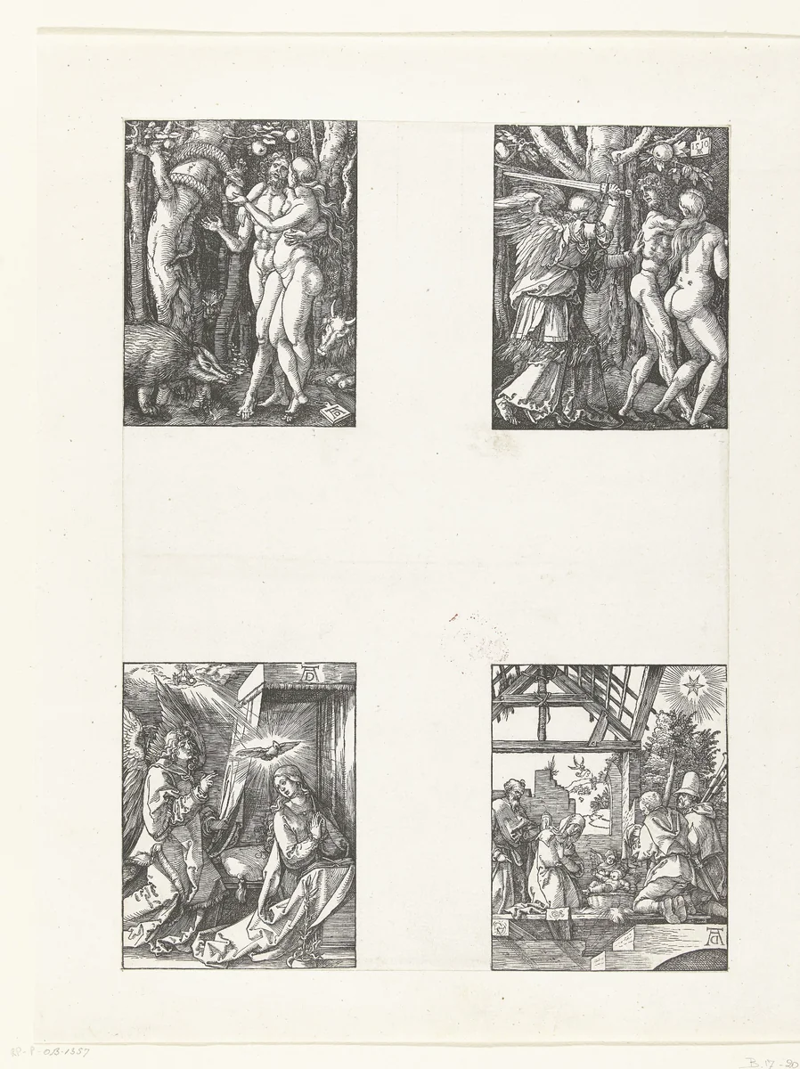 Zondeval, Adam en Eva verdreven uit het paradijs, Annunciatie, Aanbidding der herders by Unknown, print, 1510