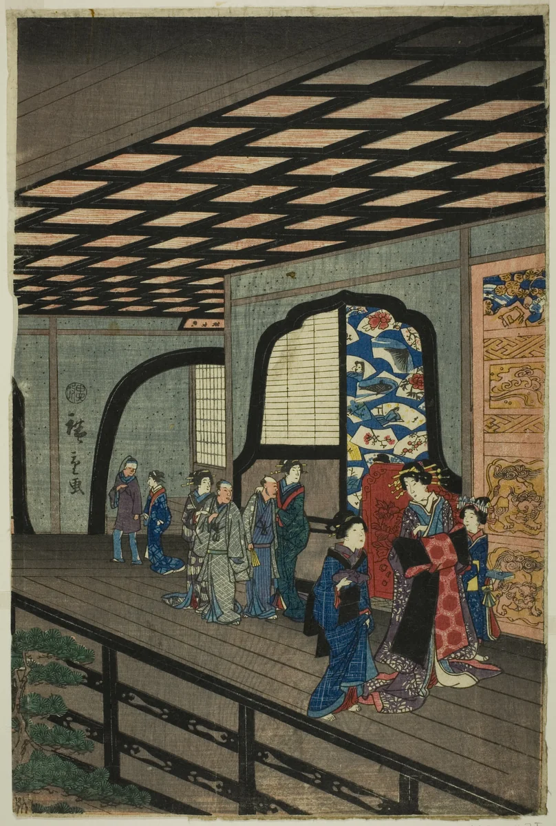 Upper Floor of the Gankiro in Yokohama (Yokohama Gankiro age) by Utagawa Hiroshige II (二代目歌川広重), print, 1860
