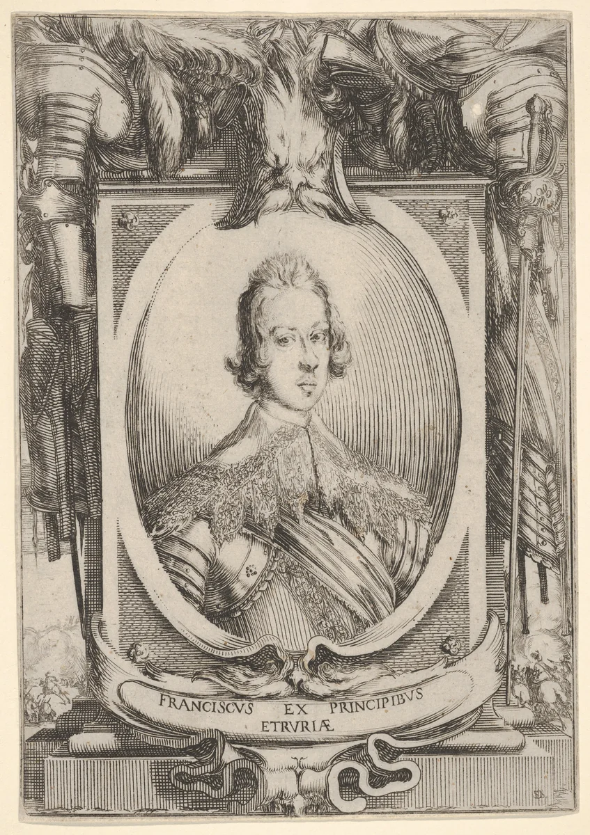 A portrait of Francesco de' Medici, within an oval frame, decorated with military equipment, battle scenes at bottom left and right outside of frame by Stefano della Bella, print, 1634
