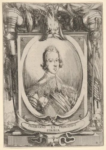 A portrait of Francesco de' Medici, within an oval frame, decorated with military equipment, battle scenes at bottom left and right outside of frame by Stefano della Bella, print, 1634