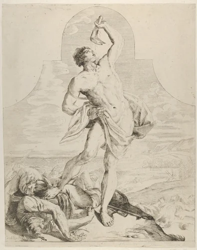 Samson holding the jaw bone of an ass over his head and standing next to the Philistines he has just killed, more dead bodies in the background, a tapered composition with rounded top, after Reni by Flaminio Torre, print, 1635-1660