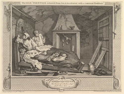 The Idle 'Prentice Returned from Sea and in a Garret with a Common Prostitute: Industry and Idleness, plate 7 by William Hogarth, print, 1747