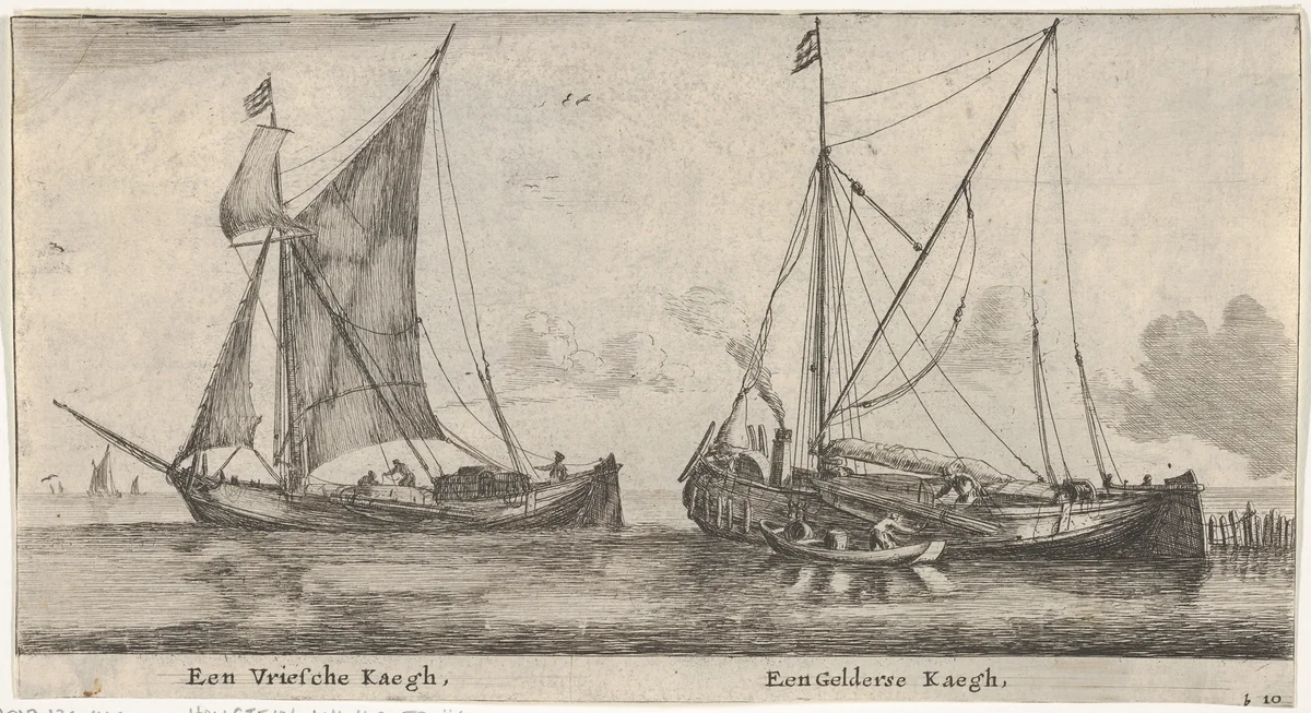 A Friesland Ketch and a Gelderse Keth, from "Various Ships and Views of Amsterdam, part II" by Reinier Nooms, print, 1630-1675