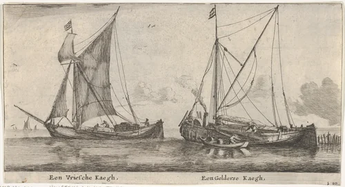 A Friesland Ketch and a Gelderse Keth, from "Various Ships and Views of Amsterdam, part II" by Reinier Nooms, print, 1630-1675