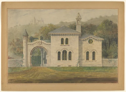 Gate Lodge for Amos G. Hull, Newburgh, New York (front elevation) by Alexander Jackson Davis, drawing, 1849