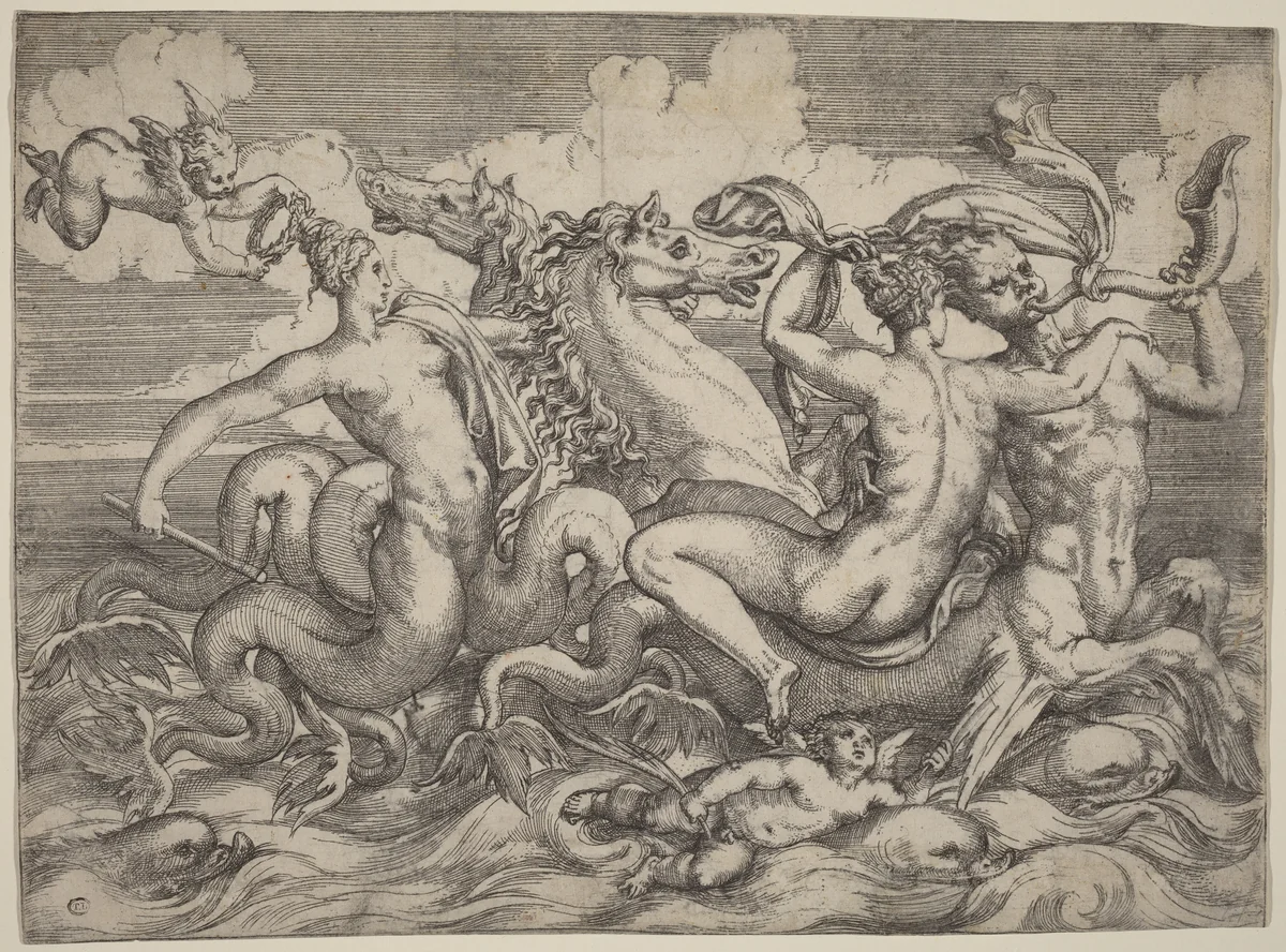 Sirens, Naiads, and Tritons by Angelo Falconetto, print, 1515-1573