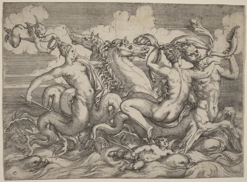 Sirens, Naiads, and Tritons by Angelo Falconetto, print, 1515-1573