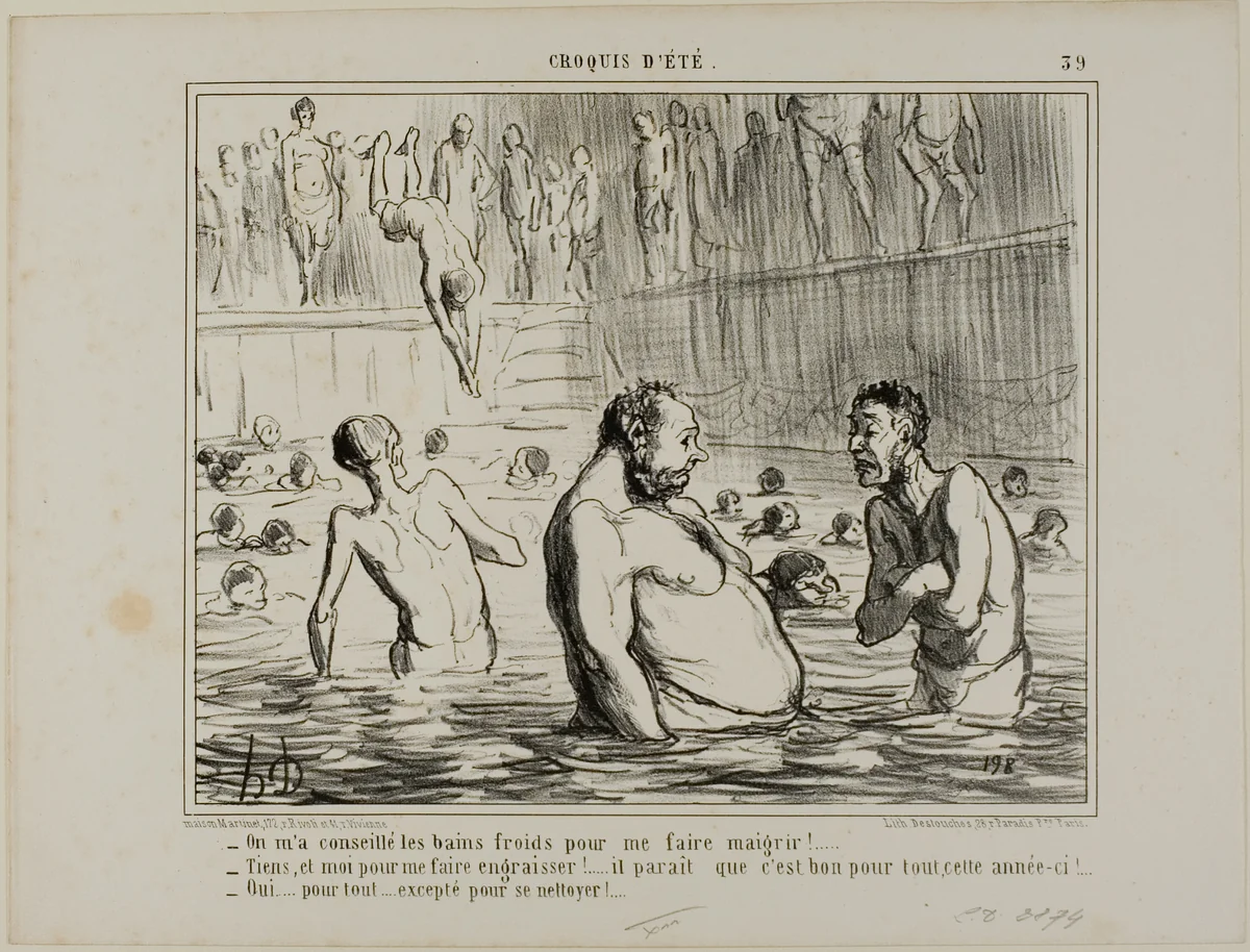 “- I was told to go to the cold batha to lose weight. - You don't say, I was just told the opposite. - Maybe they are good for everything this year! - True for everything, except cleanliness," plate 39 from Croquis D'été by Honoré-Victorin Daumier, print, 1858