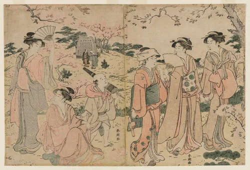 Women Viewing Cherry Blossoms at Asukayama by Katsukawa Shunchō (勝川春潮), print, 1780-1789