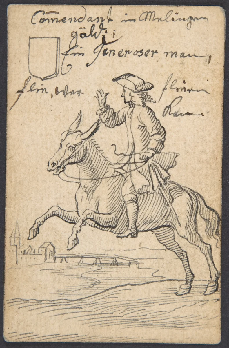 Shield Knave: A Horseman by Johannes Brandenberg, drawing, 1712-1730