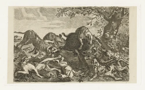 Hondenjacht op een everzwijn by Jan Cassiers, print, 1700-1800