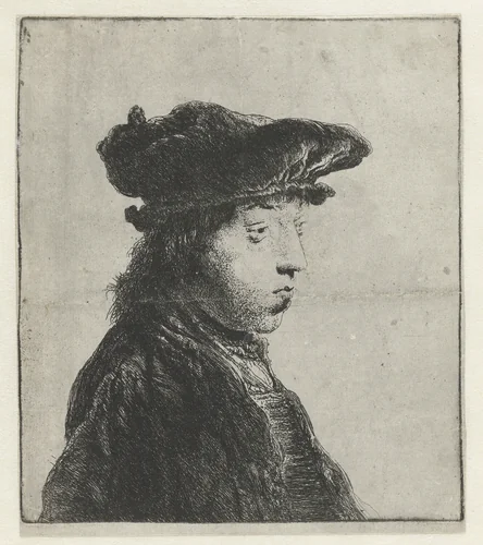 Borstbeeld van een jonge man met fluwelen baret by Jan Lievens, print, 1631-1632