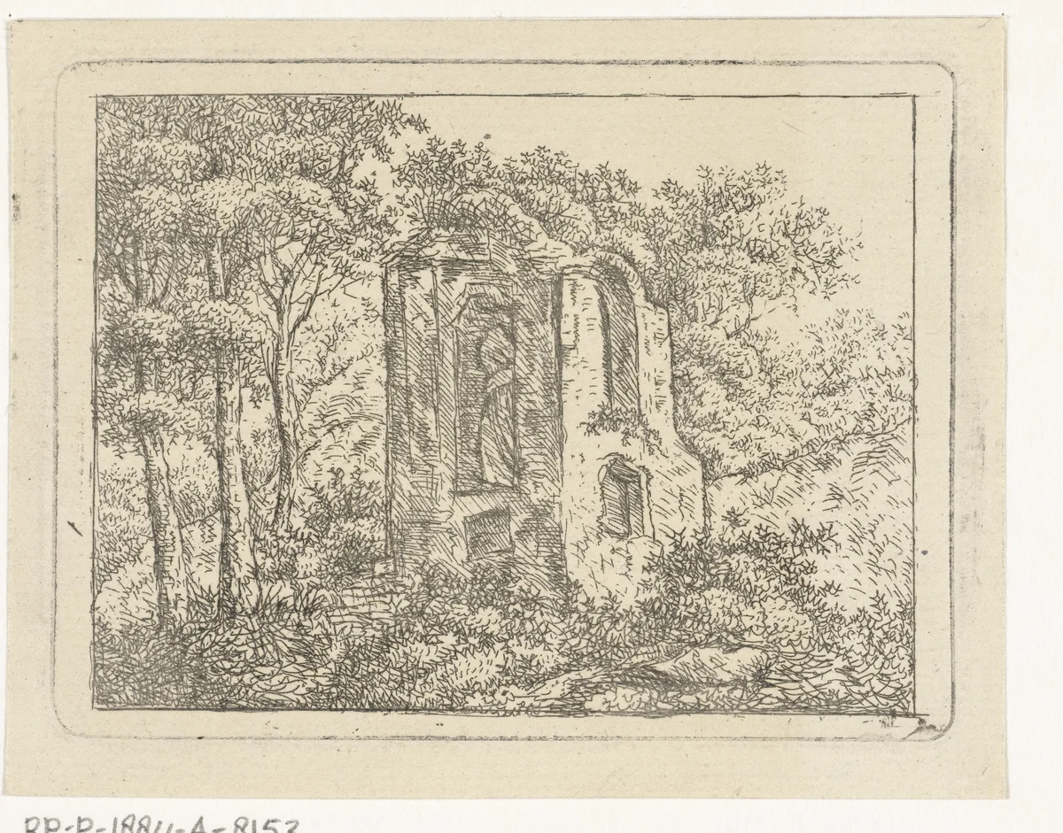 Landschap met ruïne tussen bomen by Jan van Delden, print, 1794-1854