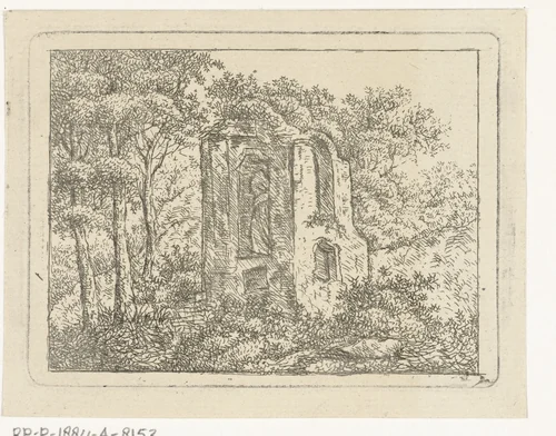 Landschap met ruïne tussen bomen by Jan van Delden, print, 1794-1854