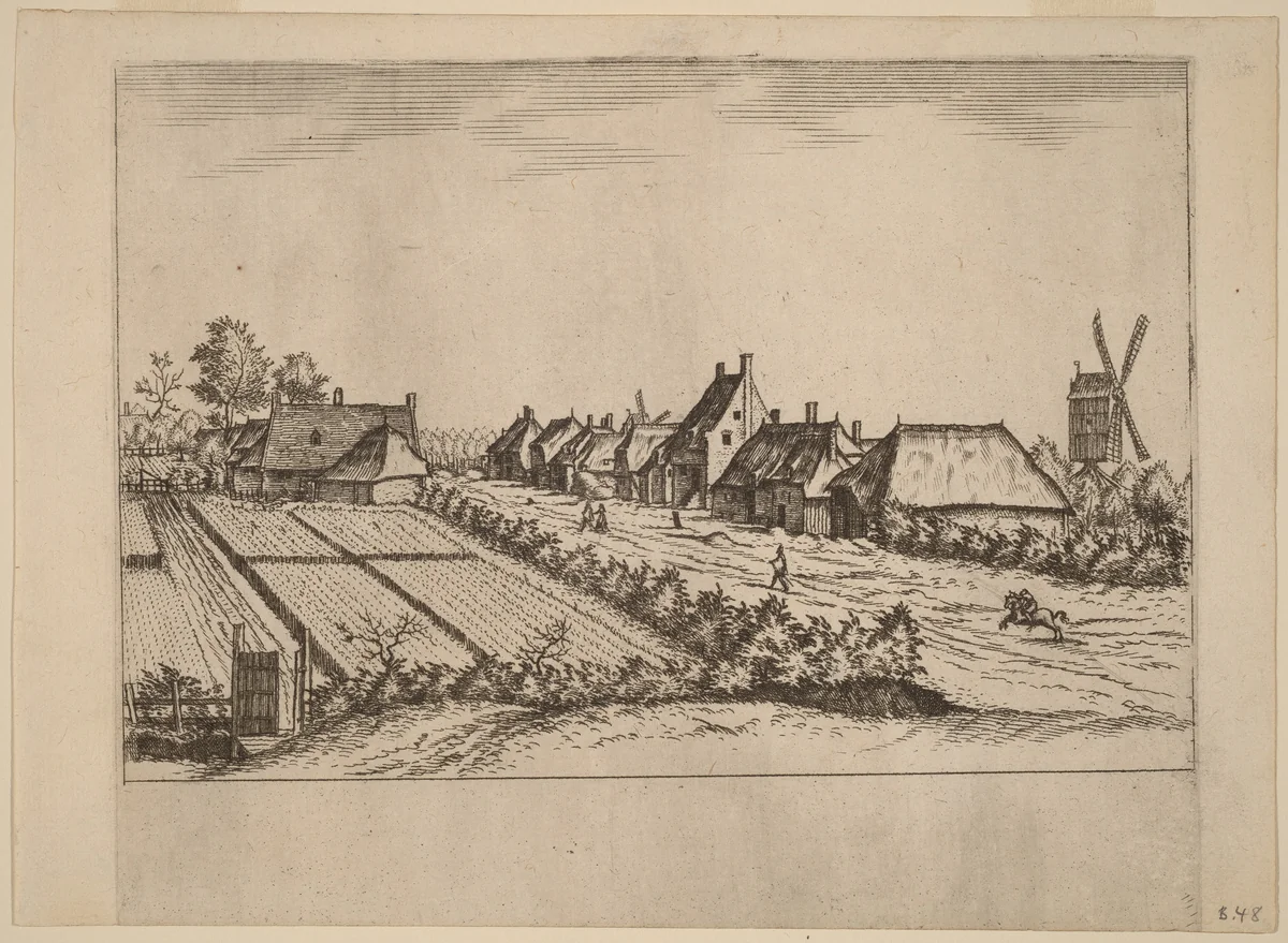 Fields and a Village Road with Post Mill by Johannes van Doetechum; Lucas van Doetechum; Master of the Small Landscapes, print, 1559-1561