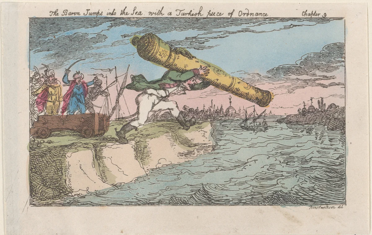 The Baron Jumps into the Sea with a Turkish piece of Ordnance by Thomas Rowlandson, print, 1809-1811
