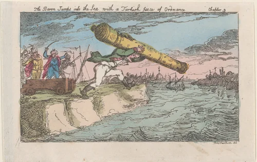 The Baron Jumps into the Sea with a Turkish piece of Ordnance by Thomas Rowlandson, print, 1809-1811