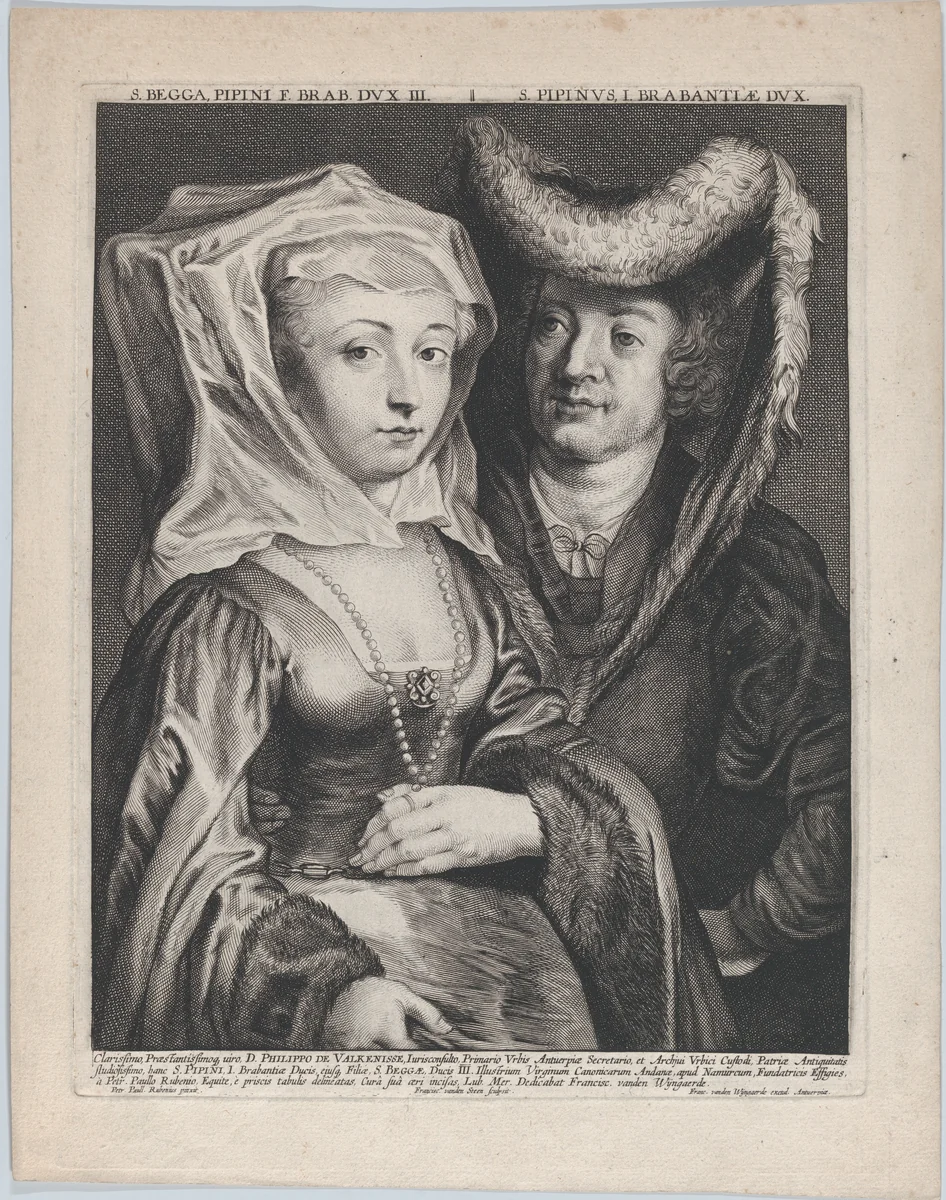 Saint Pepin I and his daughter, Saint Begga by Franciscus Van Den Steen, print, 1640-1677