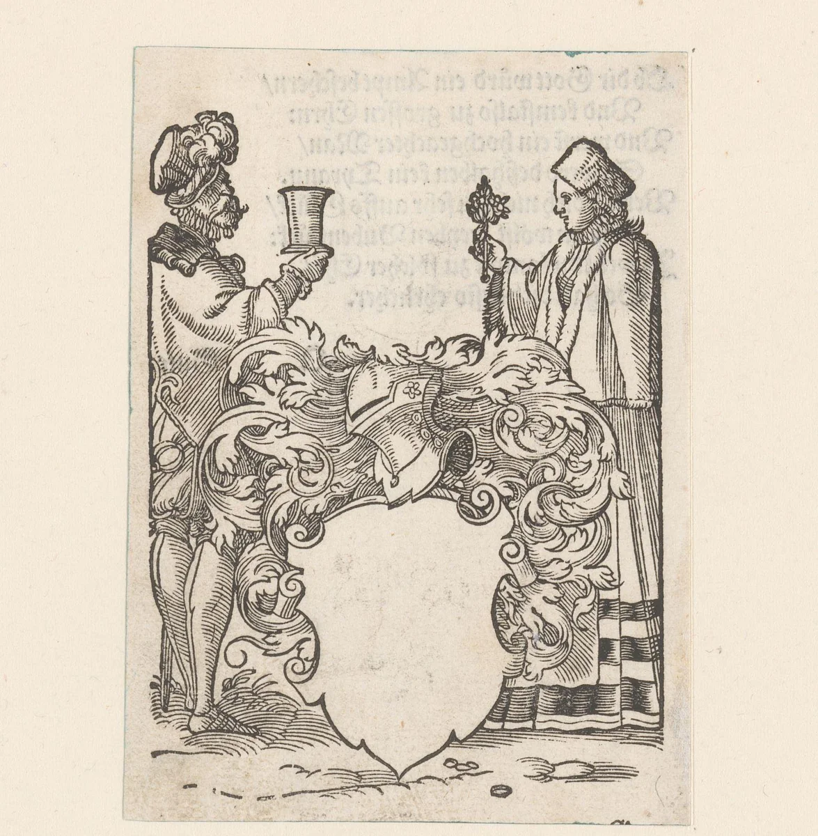 Leeg wapenschild met man met beker en vrouw met bloem als schildhouders by anonymous, print, 1579