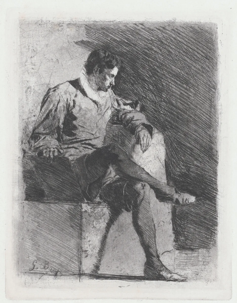 Seated Man in Sixteenth-Century Costume by Gioacchino Banfi, print, 1873-1883