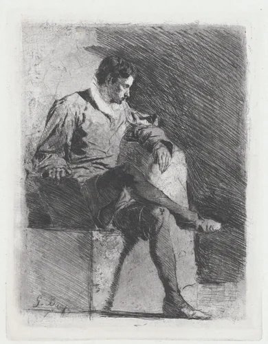 Seated Man in Sixteenth-Century Costume by Gioacchino Banfi, print, 1873-1883