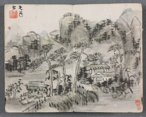 Miniature Album with Figures and Landscape (Landscape with Two Buildings) by Zeng Yandong, painting, 1822