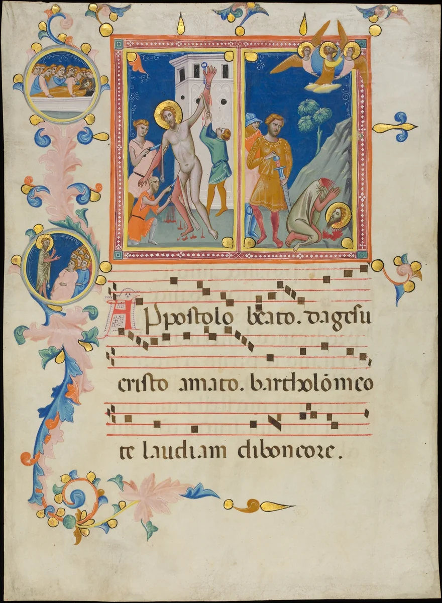 Manuscript Leaf with the Martyrdom of Saint Bartholomew, from a Laudario by Pacino di Bonaguida, manuscript, 1340