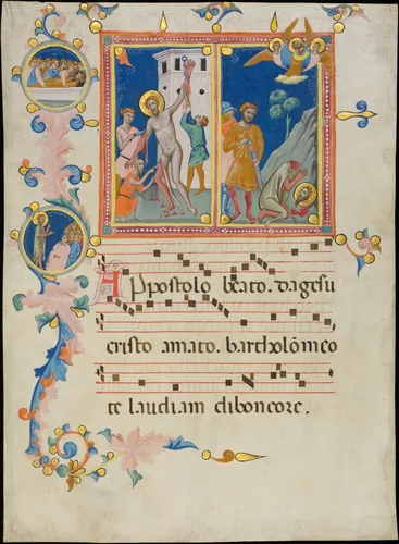 Manuscript Leaf with the Martyrdom of Saint Bartholomew, from a Laudario by Pacino di Bonaguida, manuscript, 1340