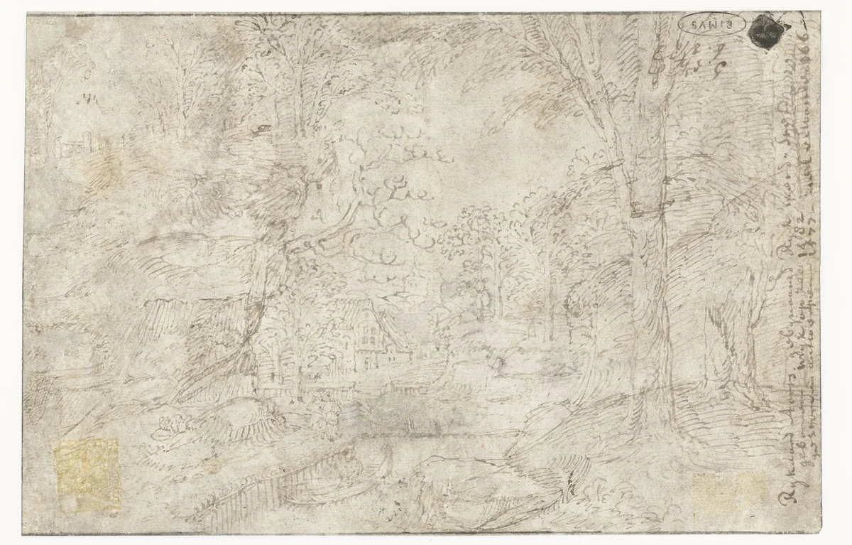 Heuvelachtig landschap met boerderij en rivier by anonymous, drawing, 1540