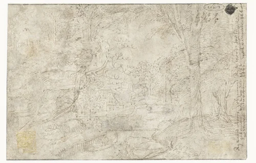 Heuvelachtig landschap met boerderij en rivier by anonymous, drawing, 1540