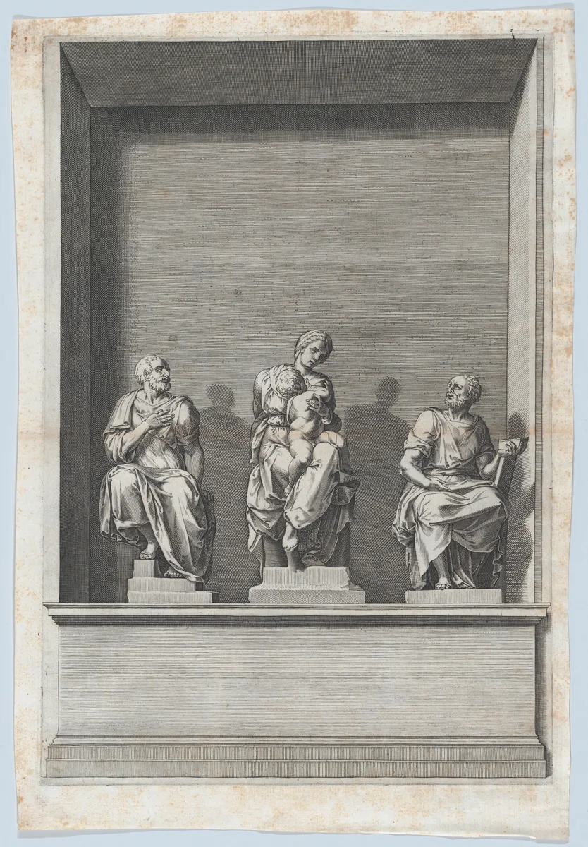 Madonna and Child Between St Comas and St Damian by Cornelis Cort, print, 1570