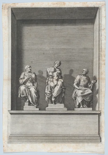 Madonna and Child Between St Comas and St Damian by Cornelis Cort, print, 1570