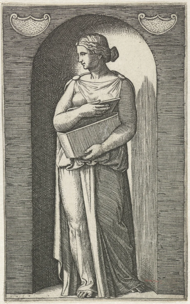 Muze met schrijftafeltje staand in nis by Marcantonio Raimondi, print, 1511-1520