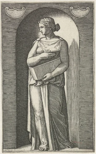 Muze met schrijftafeltje staand in nis by Marcantonio Raimondi, print, 1511-1520