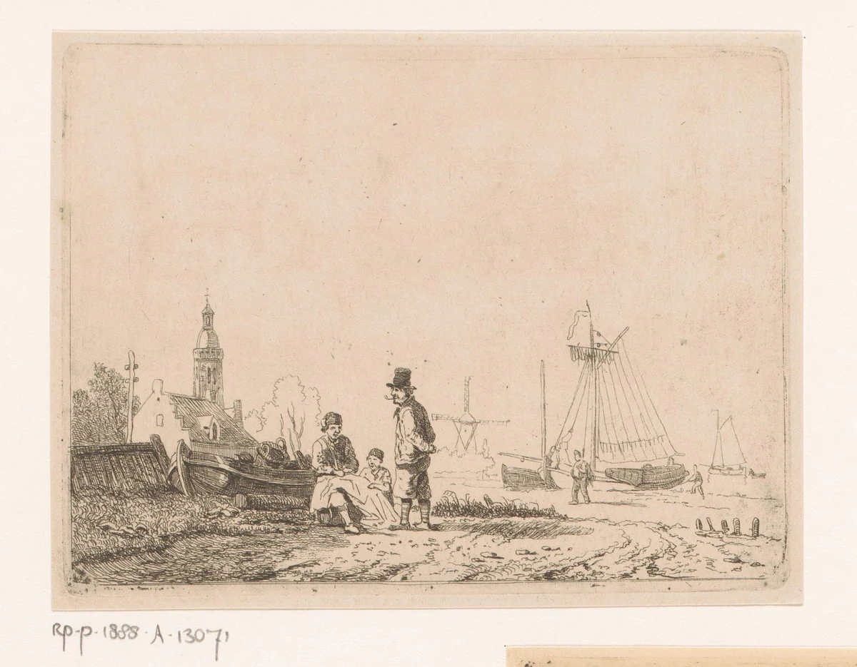 Visser met zijn zoon repareert een net onder toezicht van een pijprokende oude matroos by Egidius Linnig, print, 1853