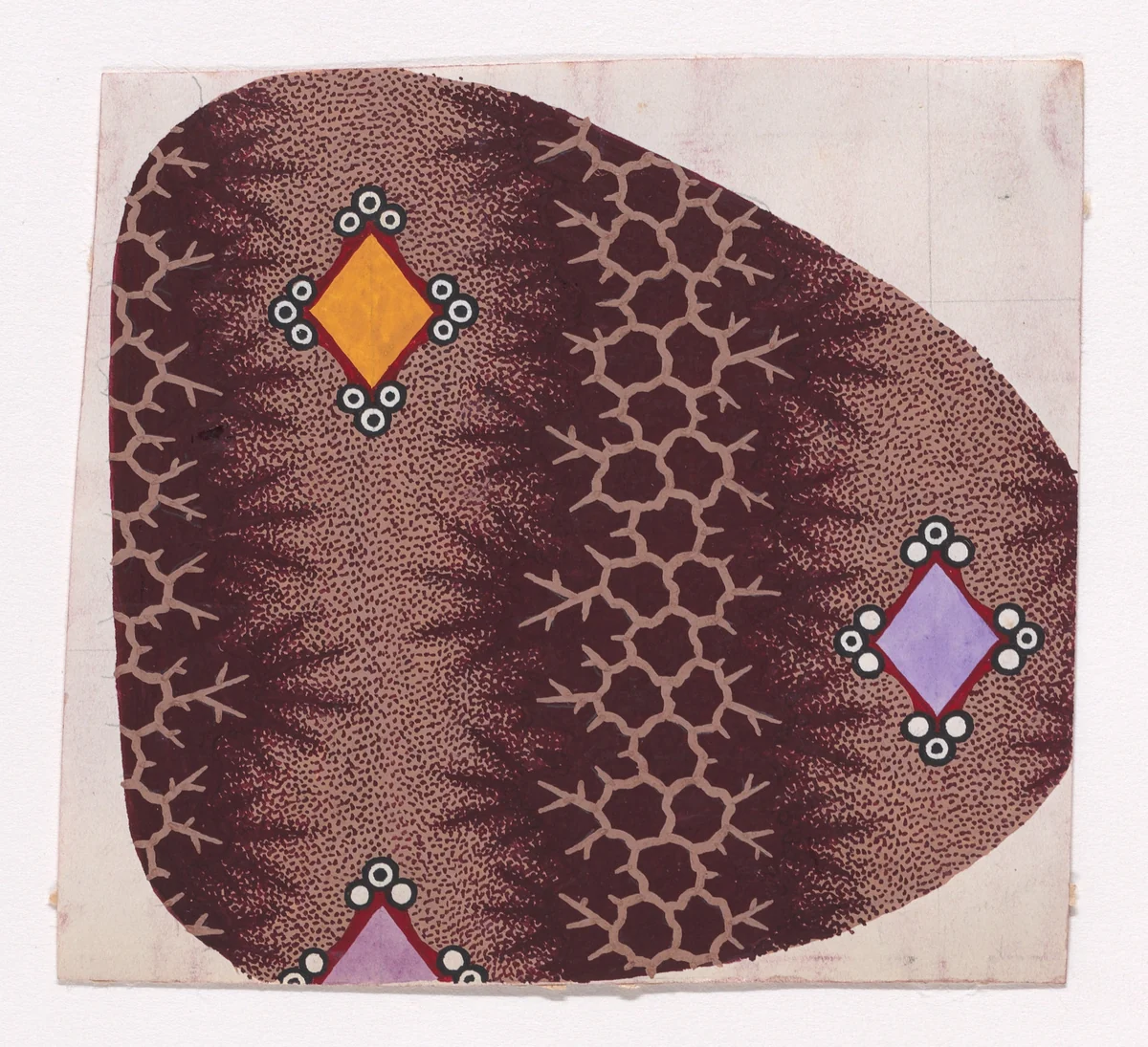 Textile Design with Alternating Vertical Stripes of Lozenges with Pearls in the Vertices and Abstract Organic Honeycomb Structures with Branch Offshoots by anonymous, drawing, 1840