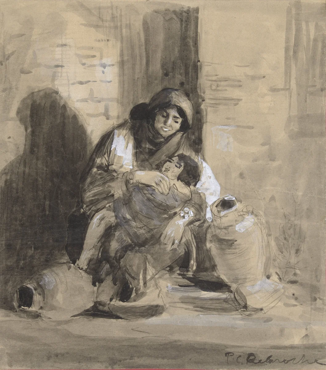 Zittende Joodse vrouw uit Gaza, met haar kind en twee grote kruiken by Paul Delaroche, drawing, 1807-1856