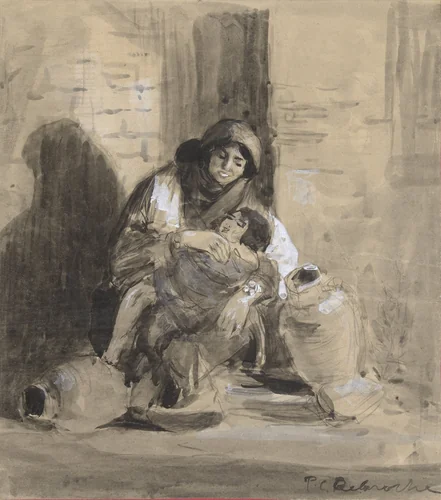 Zittende Joodse vrouw uit Gaza, met haar kind en twee grote kruiken by Paul Delaroche, drawing, 1807-1856