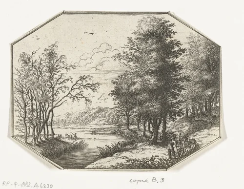 Landschap met drie figuren bij een meer by anonymous, print, 1605-1700