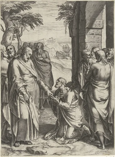 Christus geeft de sleutels van de kerk aan Petrus by Cornelis Cort, print, 1567