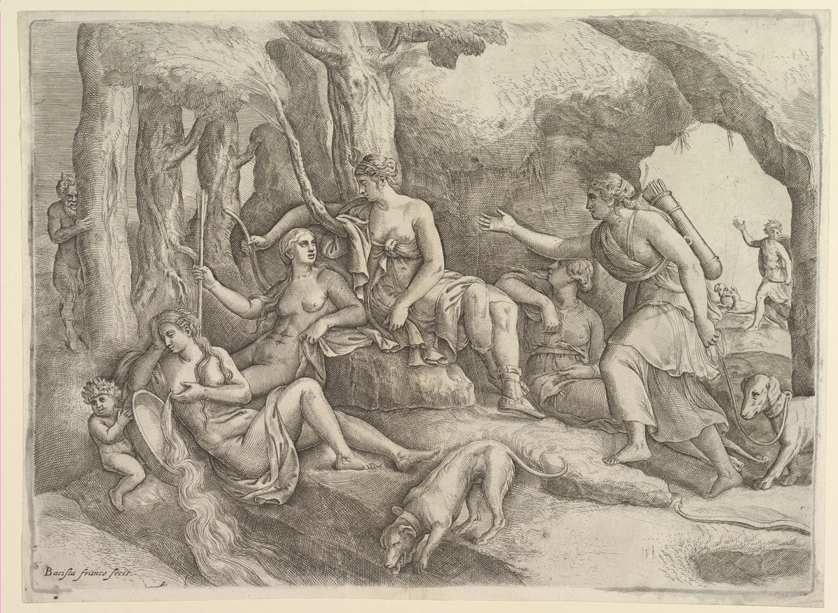 Diana resting with her nymphs by Battista Franco, print, 1525-1566