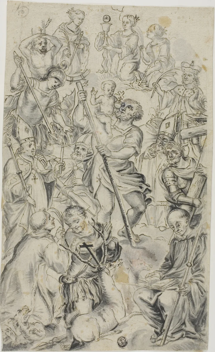 Fourteen Auxiliary Saints by Unknown Artist, drawing, 1600-1799