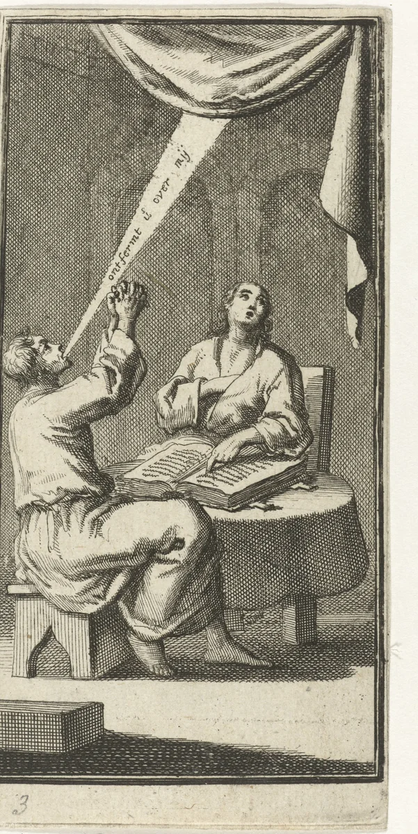 Twee personen aan tafel, de een wijst op een geopende bijbel, de ander bidt met gevouwen handen tot God by Jan Luyken, print, 1689