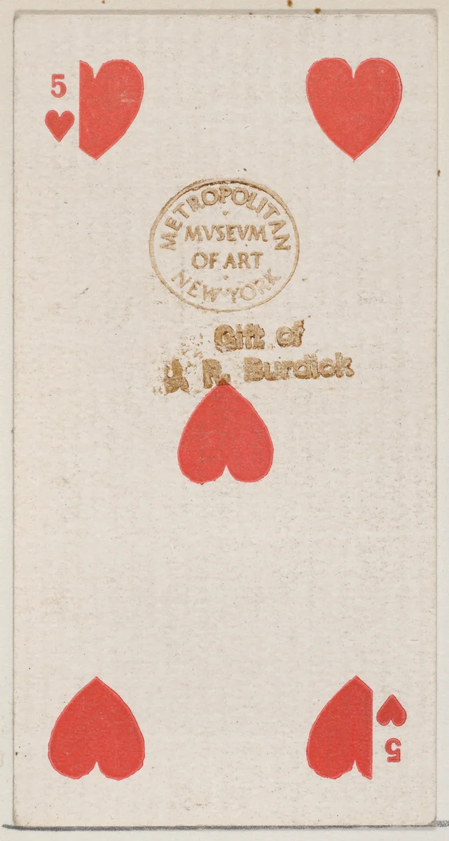 Five Hearts (red), from the Playing Cards series (N84) for Duke brand cigarettes by W. Duke, Sons & Co., print, 1888